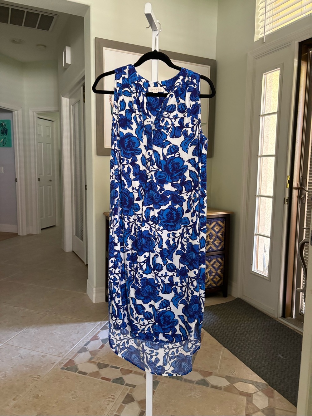 #179 Sleeveless White Midi Dress with Blue Floral Print